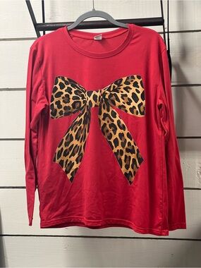 Women's Red Long-Sleeve Tee with Leopard Bow Graphic